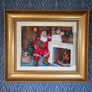 Vintage 3D Santa by Chimney Framed Christmas Decor Textured Relief Wall Art